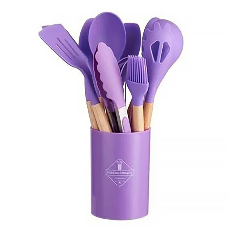 12Pcs Silicone Kitchen Utensils With Storage Bucket