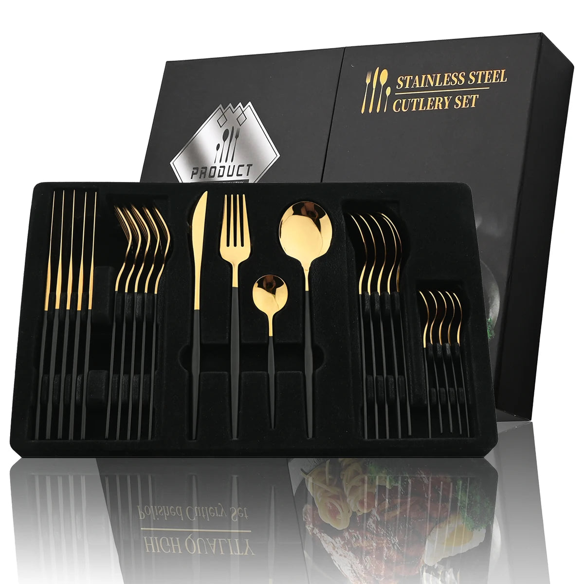 Black Handle Golden Cutlery Set Stainless Steel