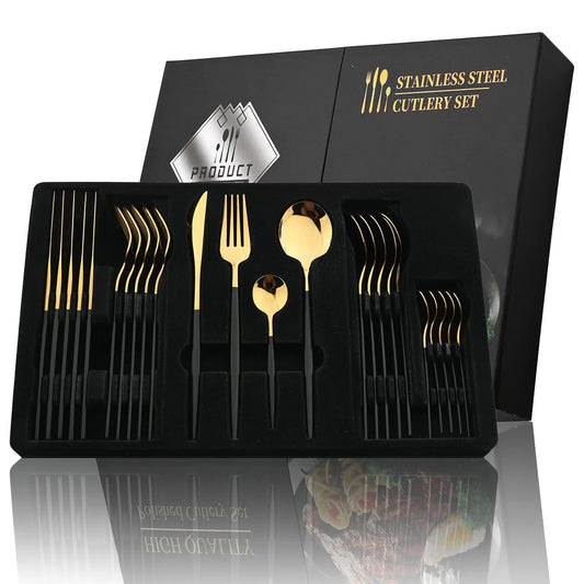 Black Handle Golden Cutlery Set Stainless Steel