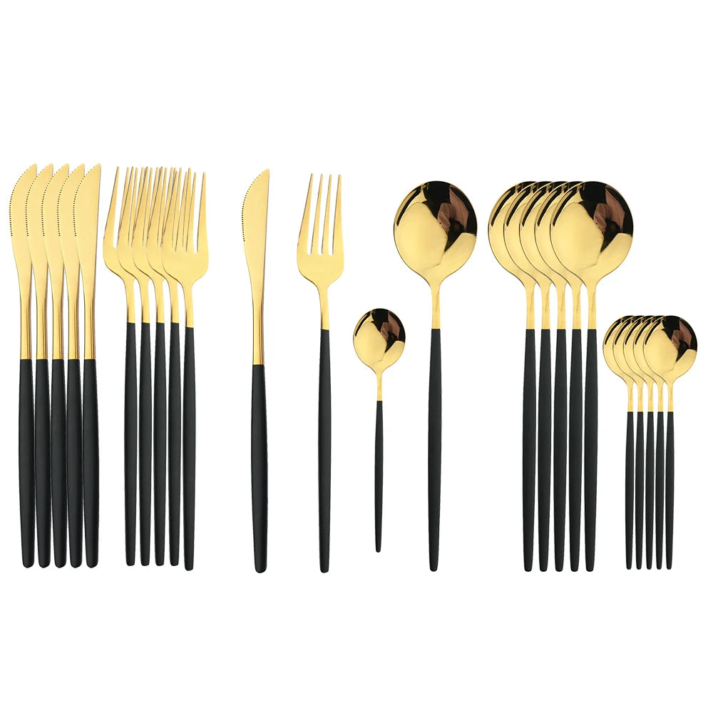 Black Handle Golden Cutlery Set Stainless Steel
