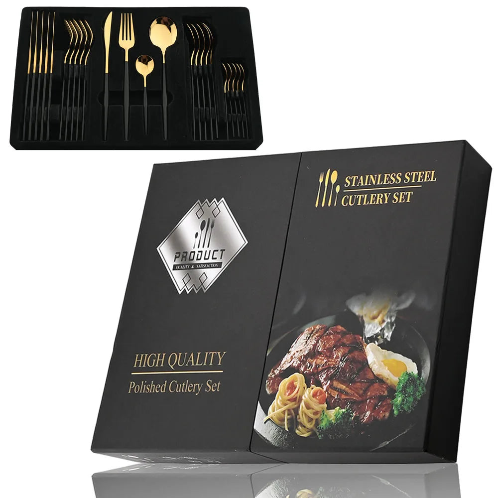 Black Handle Golden Cutlery Set Stainless Steel