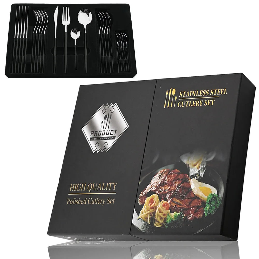 Black Handle Golden Cutlery Set Stainless Steel